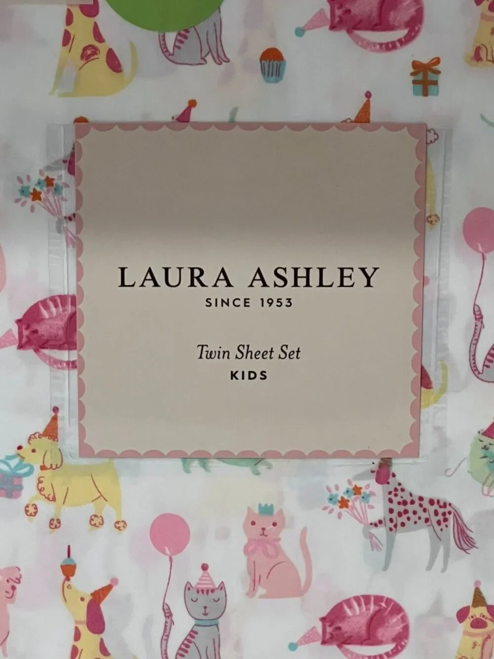 LAURA ASHLEY KIDS Twin White PARTY ANIMALS Sheet Set 3pc Dog Cat Pug Dachshund